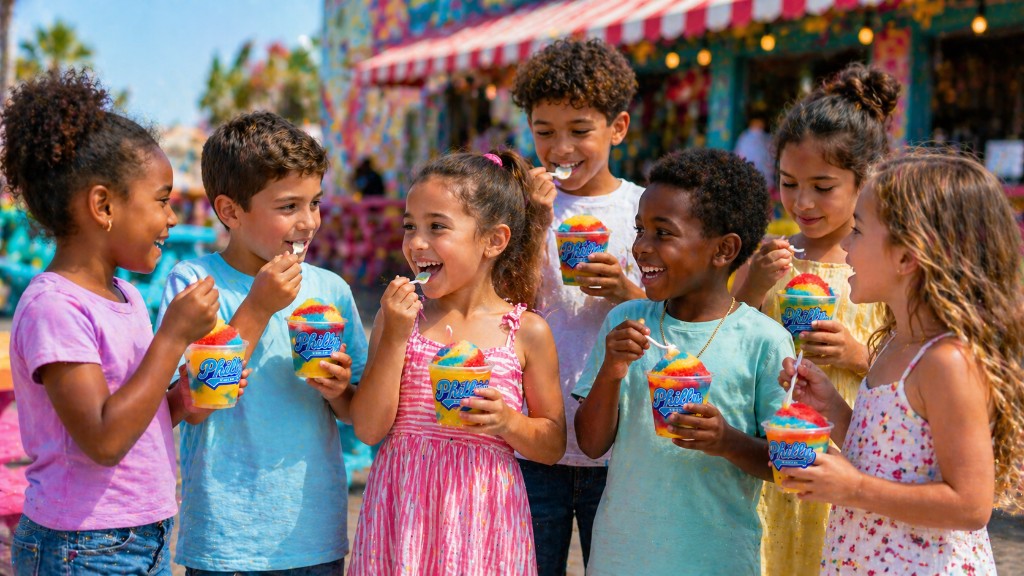 Children enjoying colorful Philly Water Ice treats outdoors.