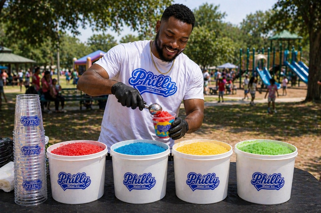 Vendor scooping red Philly Water Ice at an outdoor park event.